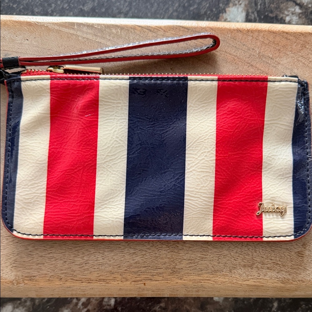 Juicy Couture Red, Blue, and Cream Striped Pouch